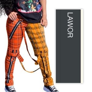 LAWOR Metal Zipper Contrast Plaid Print Casual Pants